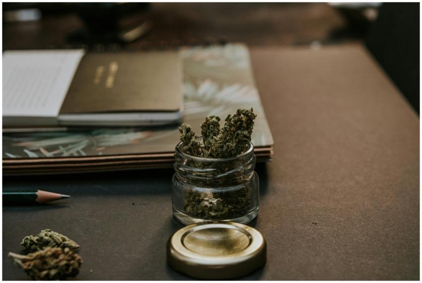 A close-up image of cannabis buds in a glass conta