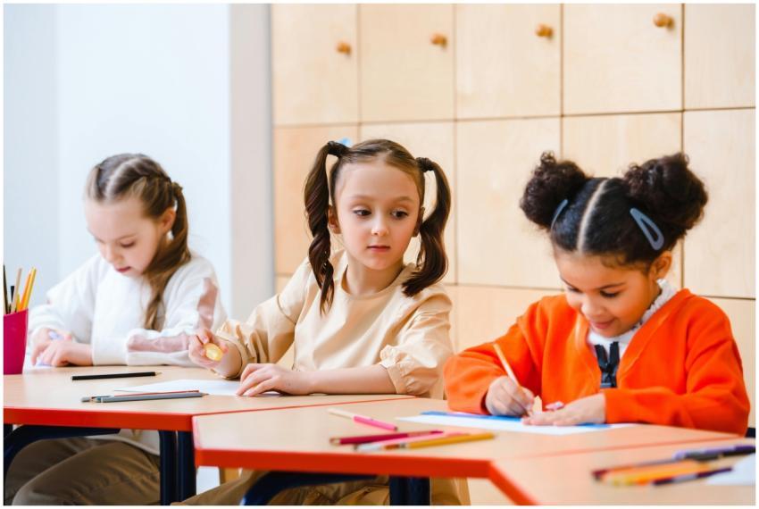 Three young girls working enthusiastically on clas