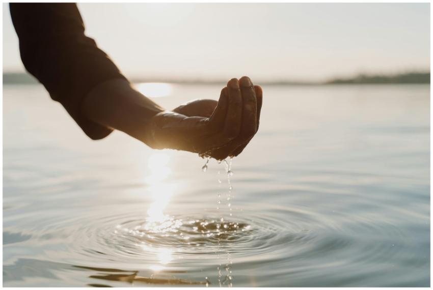 Close-up of a hand holding water with sunlight ref