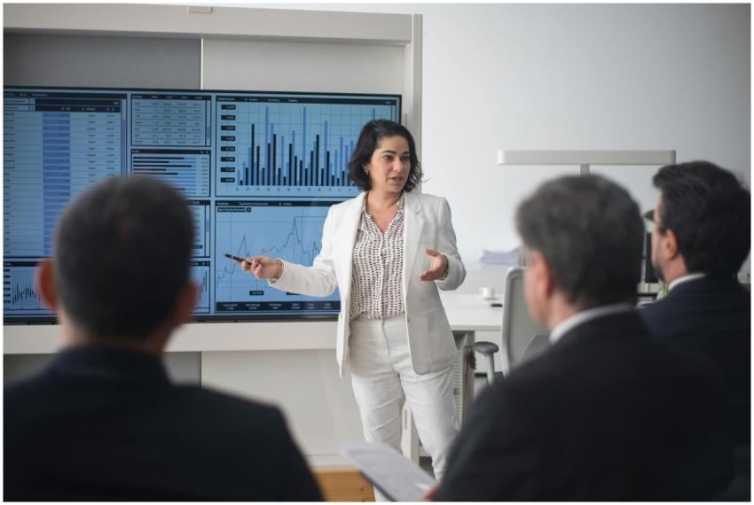 Professional woman presenting stock market data in