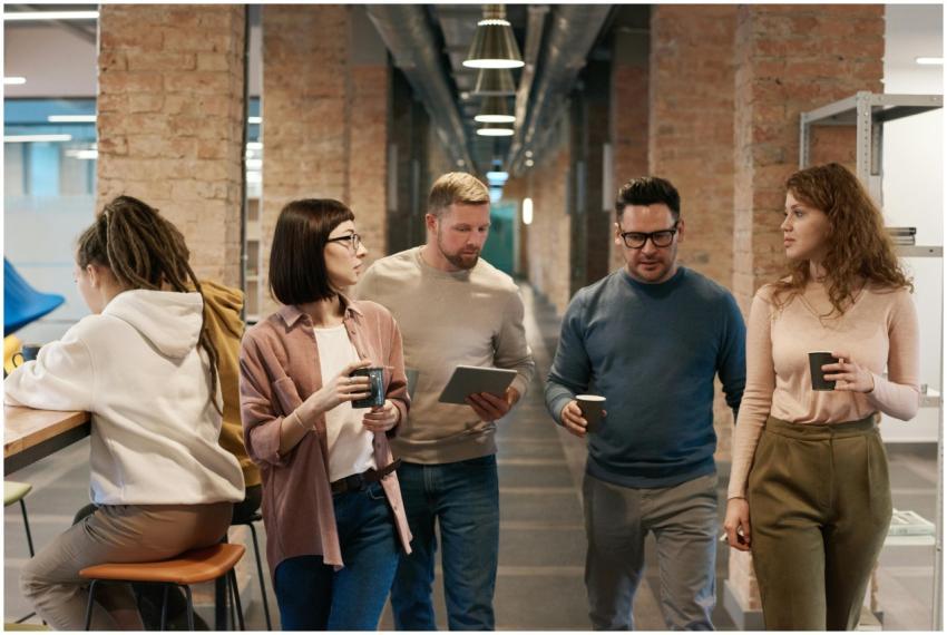 A diverse group of colleagues discussing a project
