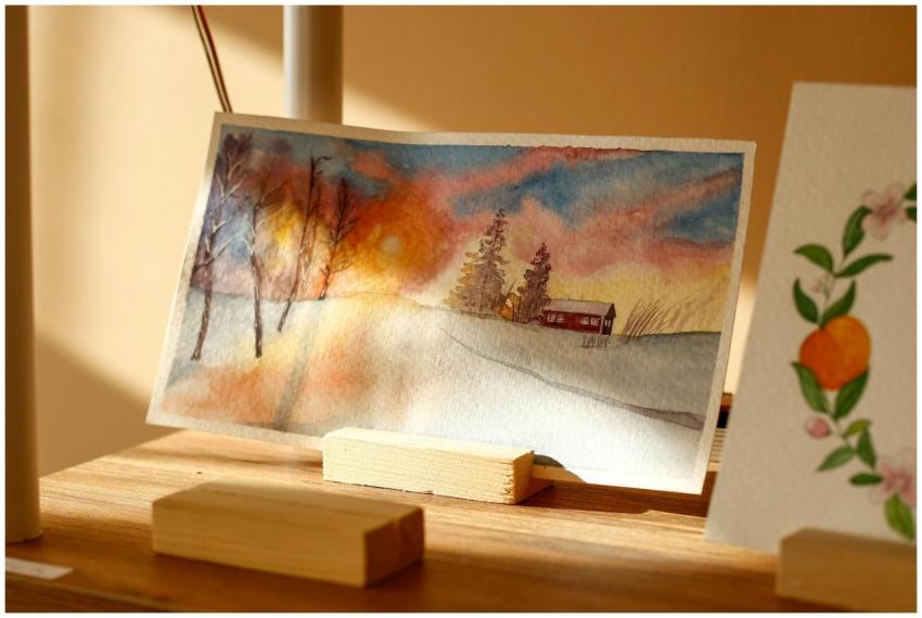 Warm sunlight on a winter landscape watercolor pai