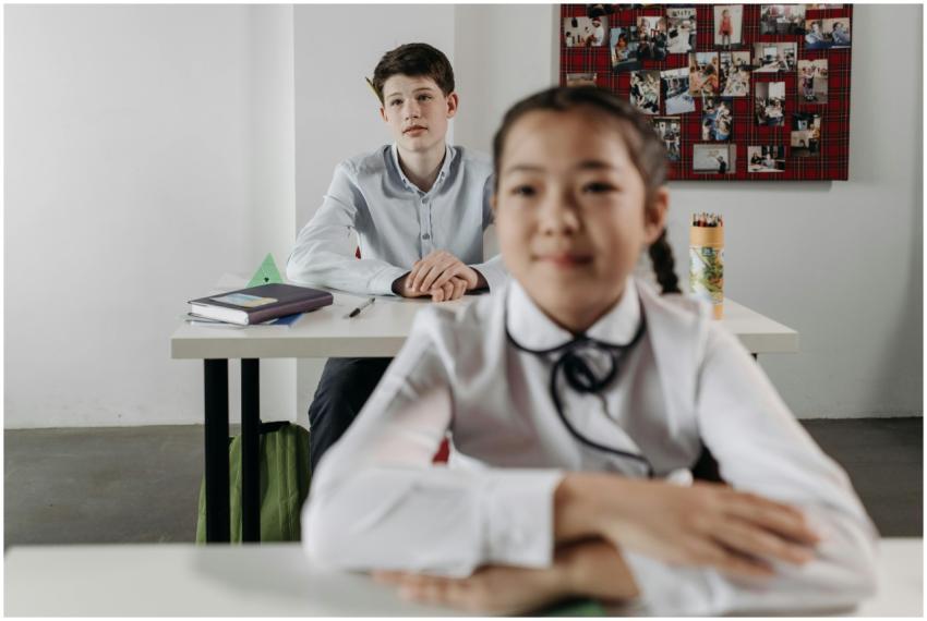 Two students in a classroom setting focused on lea