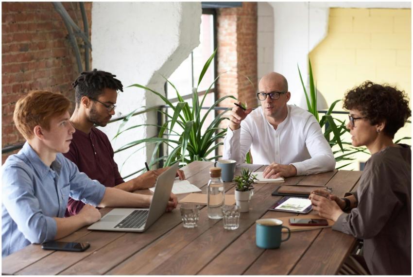 Business professionals collaborating in a modern o