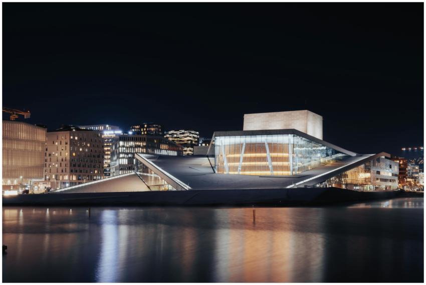 Stunning view of Oslo Opera House illuminated at n