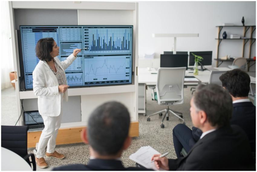 A woman presents data on a screen to a group of co