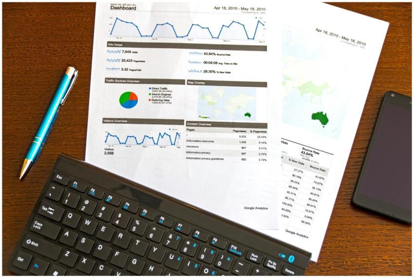 Flatlay of a business analytics report, keyboard,