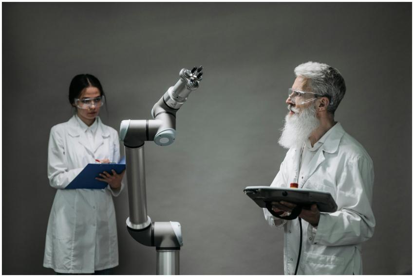 Two scientists working with a robotic arm in a lab