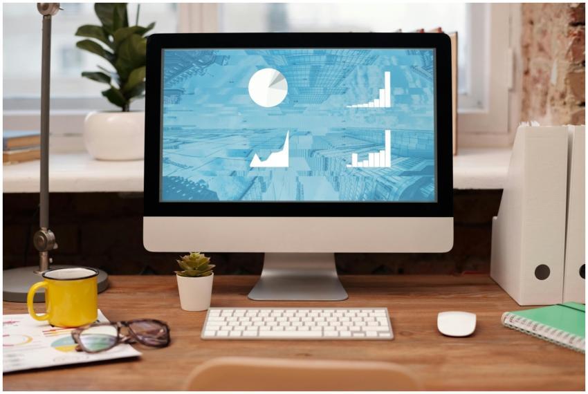 Stylish home office setup with desktop, plant, and