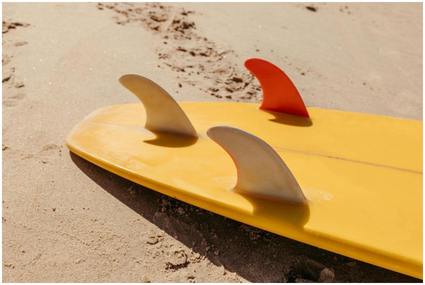 Yellow surfboard with colorful fins resting on san