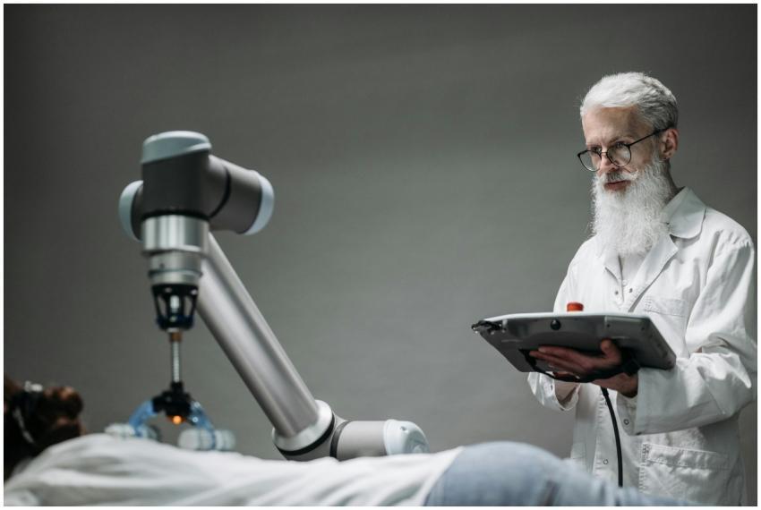 Senior scientist observing robot performing a task