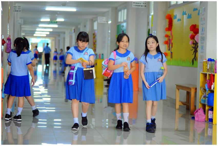 Group of schoolchildren in uniforms walking throug