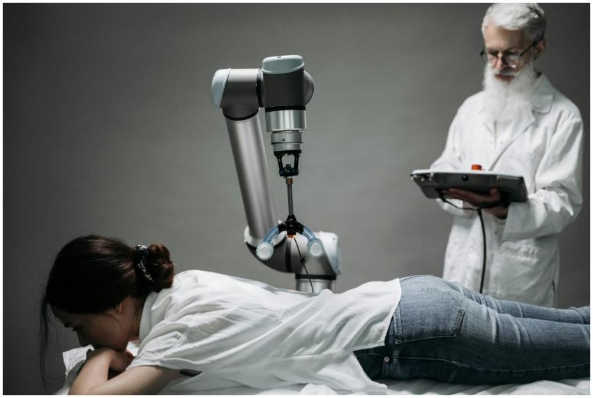 A woman receives a robotic massage as a scientist
