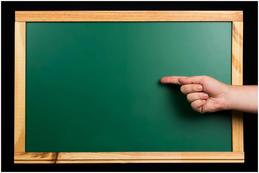 Green chalkboard framed in wood with a hand pointi