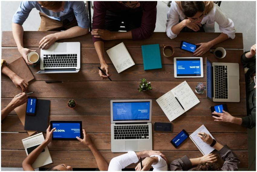 Overhead view of a diverse team in a business meet