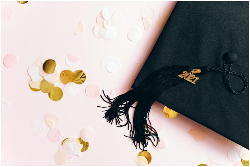 A graduation cap with a 2021 charm surrounded by f