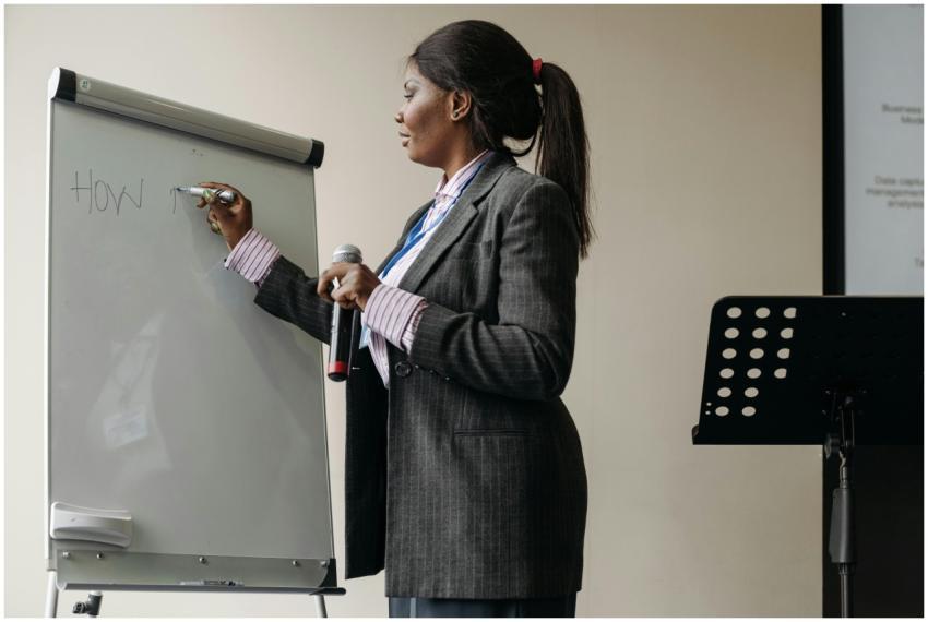 Confident businesswoman presenting ideas on a whit