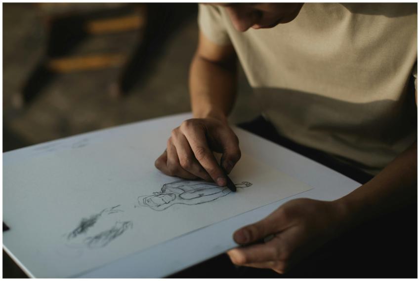 Close-up of a person sketching on paper with conce