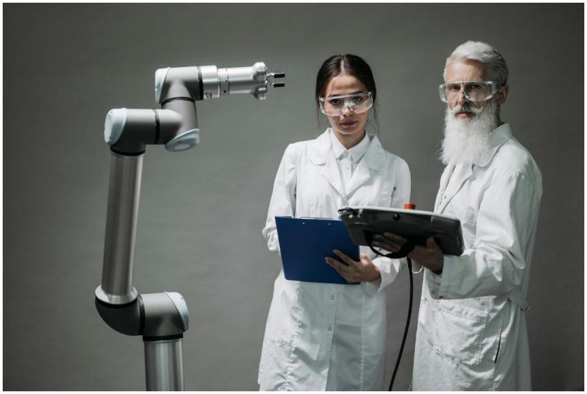 Two scientists in lab coats analyzing a robotic ar