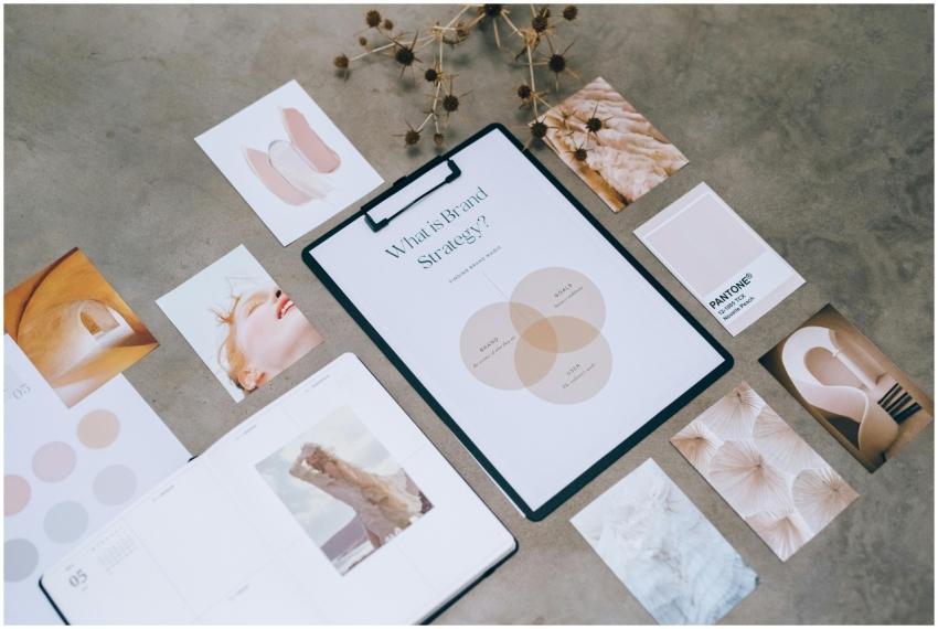 Flat lay of a minimalist brand strategy moodboard