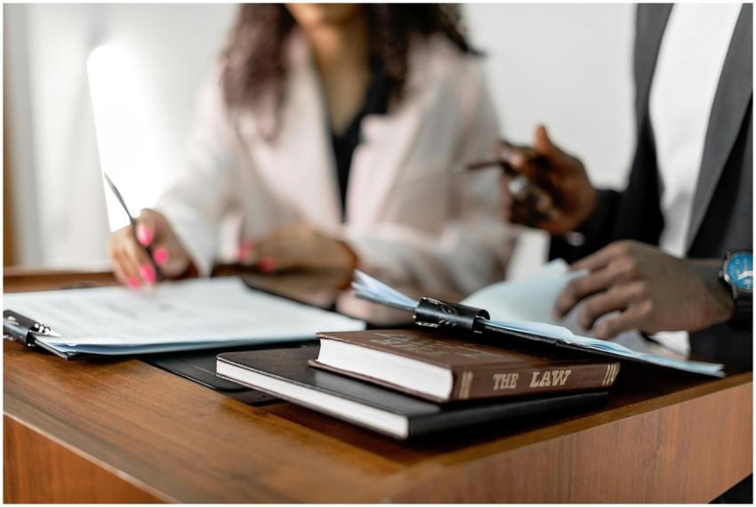 Two lawyers reviewing documents with law books on