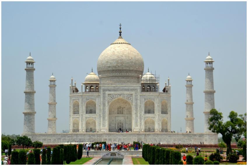 Majestic view of the Taj Mahal with tourists, show