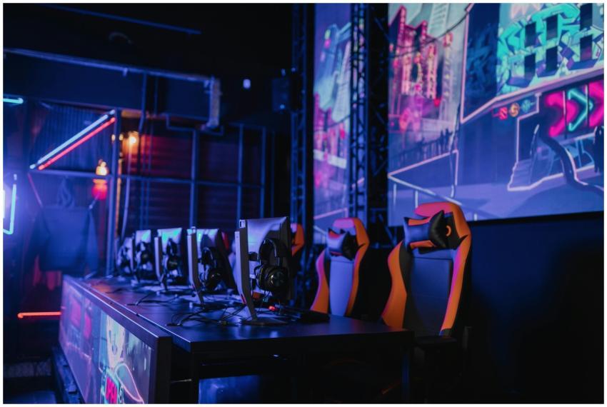 A high-tech gaming setup featuring multiple monito