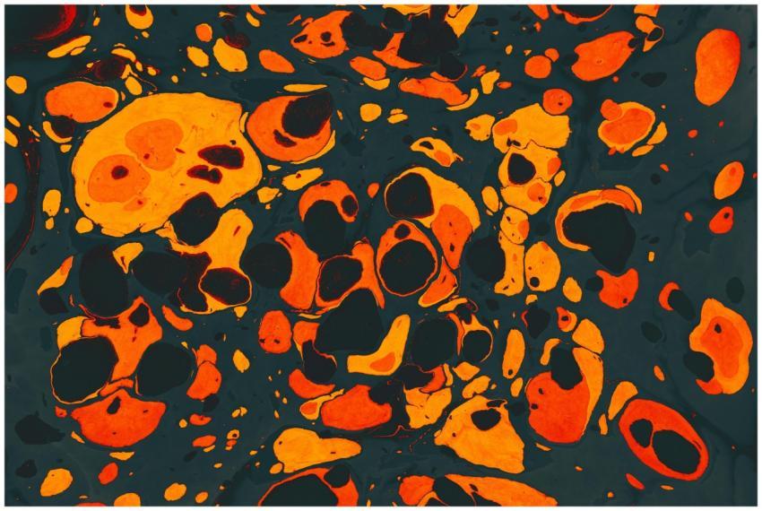 Dynamic abstract fluid art featuring bold orange a