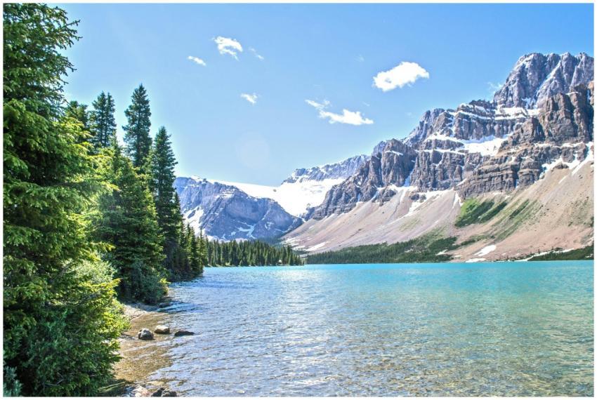 Stunning view of Bow Lake with rocky mountains and