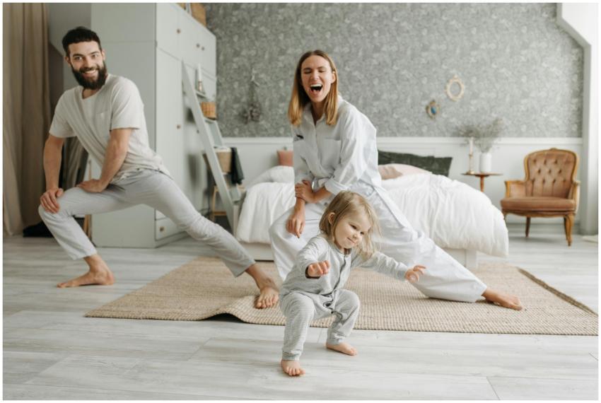 A joyful family engaging in morning stretches toge