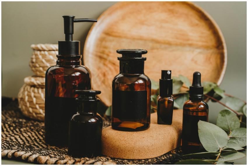 Aesthetic arrangement of amber glass bottles with