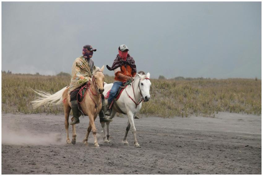 Two men on horseback riding across the dusty field