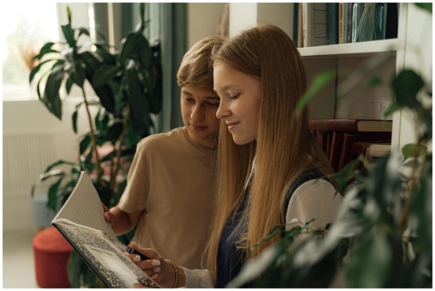 Two teenagers reviewing a book together in a cozy