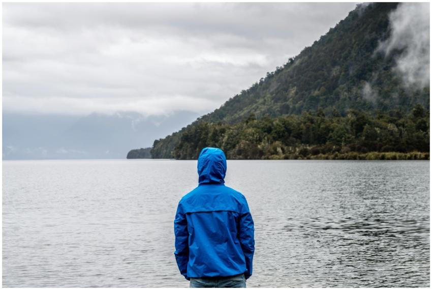 A person in a blue jacket stands by a misty New Ze