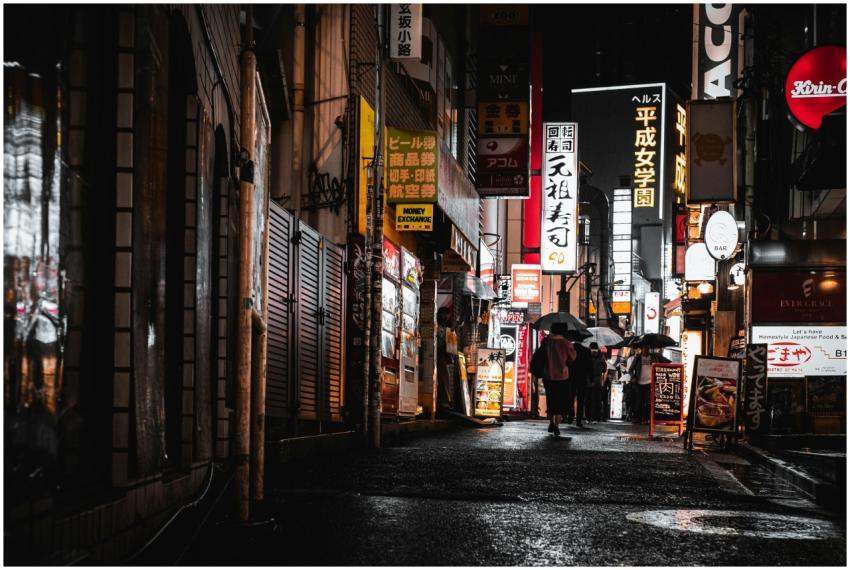 People walking under umbrellas in Tokyo's neon-lit