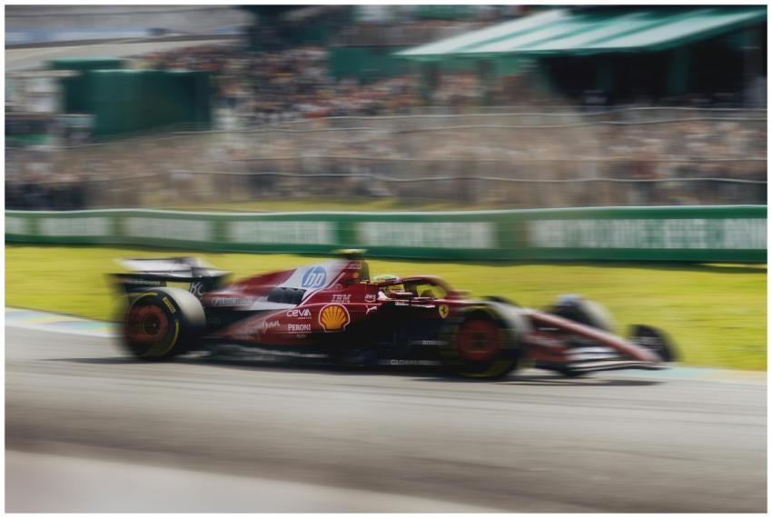 Dynamic shot of a Ferrari Formula 1 car racing at