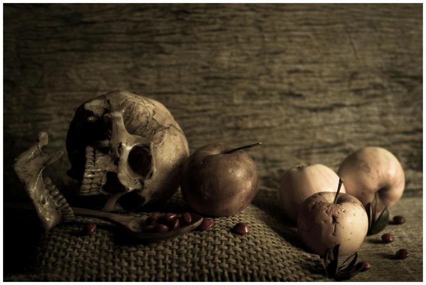 A haunting still life featuring a skull, apples, a