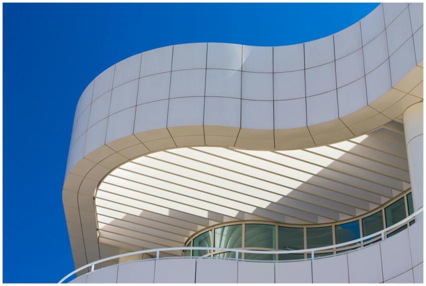 Low-angle view of the Getty Center's modern archit