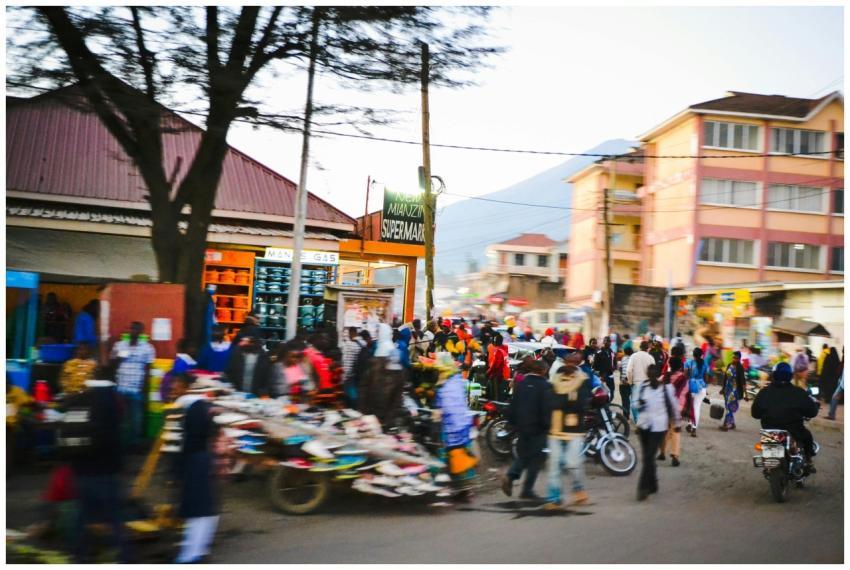 Bustling street market in Arusha, Tanzania with di