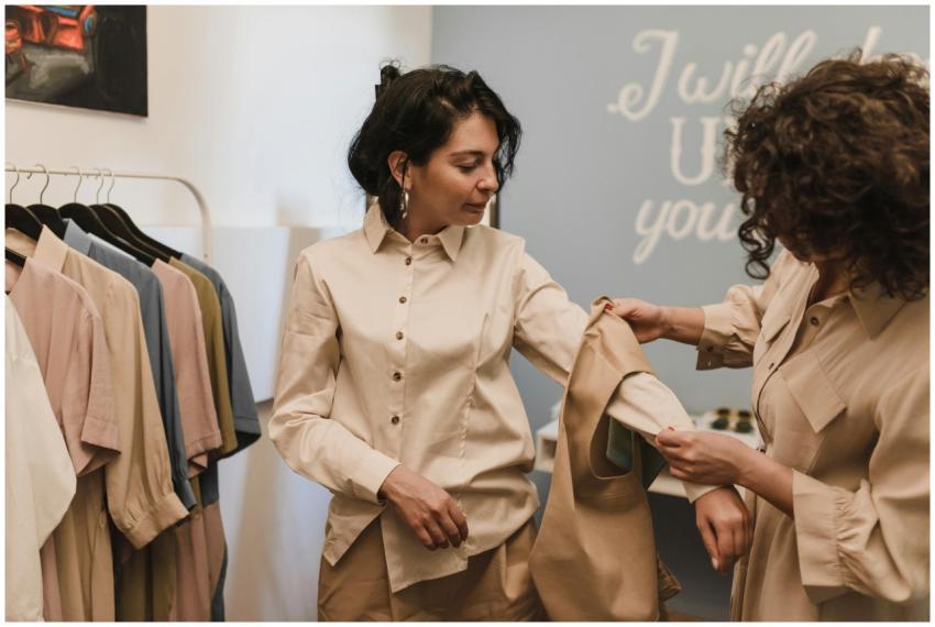 Two women shopping in a boutique, examining a shir