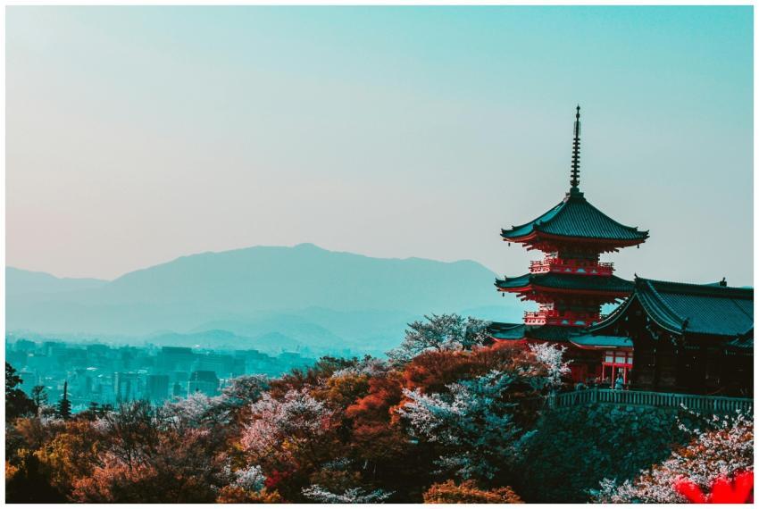 Scenic view of Kiyomizu-dera Temple with cherry bl