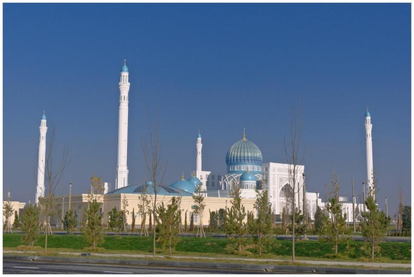 Beautiful mosque with blue domes and minarets agai