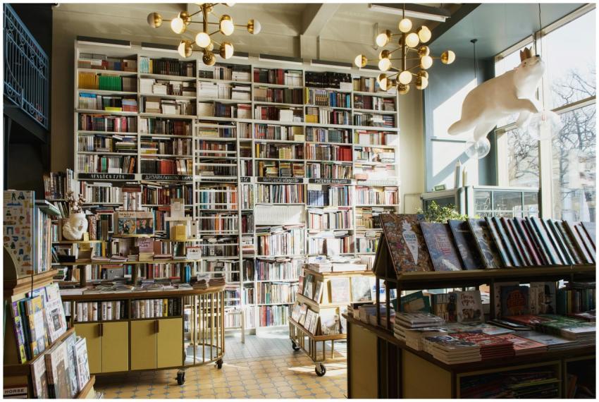 Bright and inviting bookstore interior featuring t