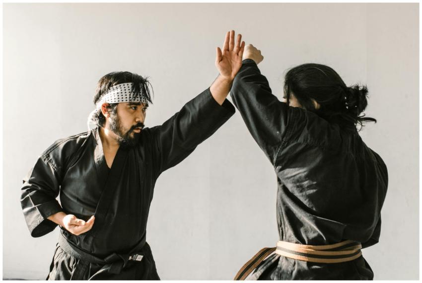 Two martial artists practicing self-defense techni