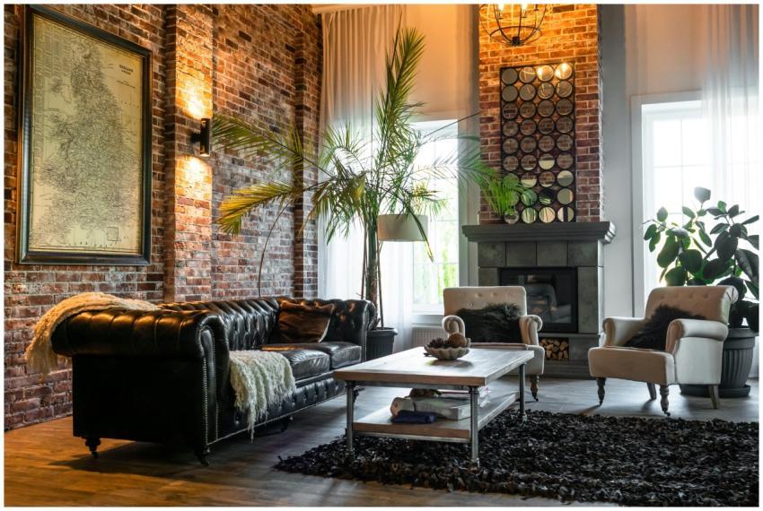 Cozy living room with industrial design featuring