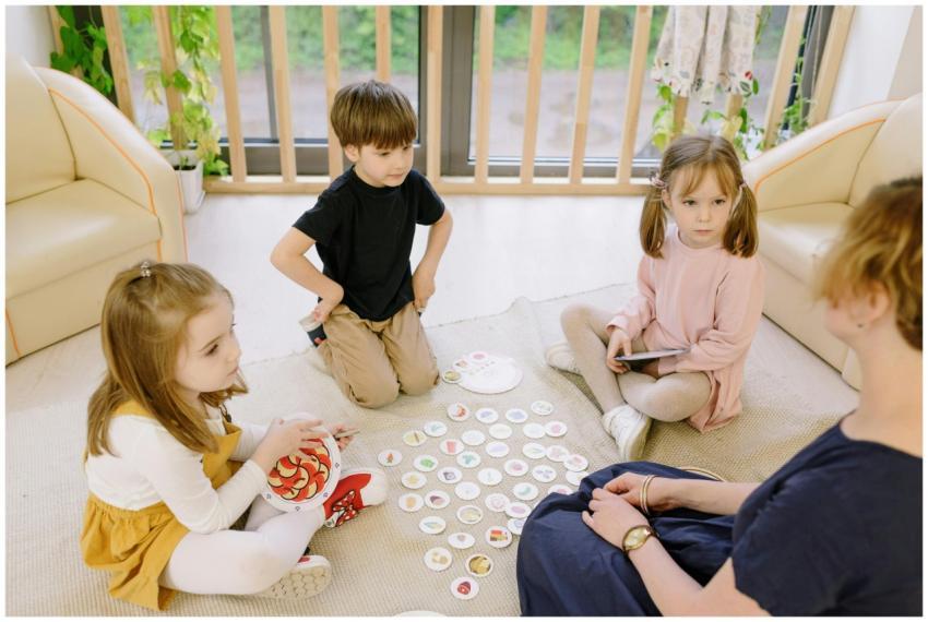 Group of children playing educational games indoor