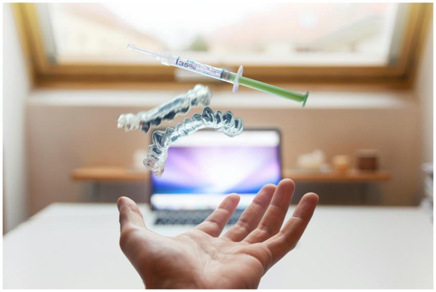 A syringe and dental aligner float above a hand in