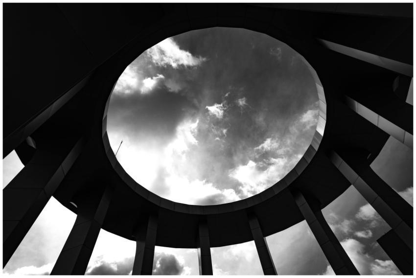 Black and white image of a circular architectural
