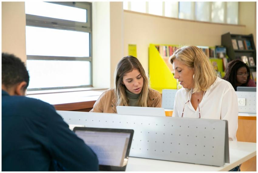 Group of students discussing a project in a librar