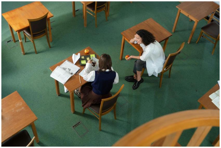 Two students engaged in study session in library w